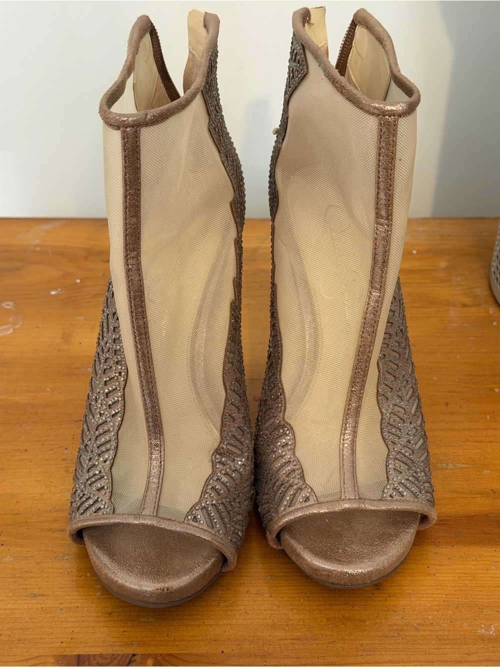 Jessica Simpson Metallic Taupe Open-Toe Mesh Booties